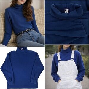 Vtg Gap 80s 90s Blue Turtleneck Tee L Jersey Cotton Retro Preppy Sporty Normcore